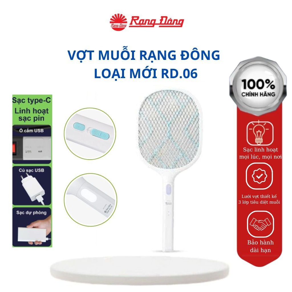 Vợt bắt muỗi Rạng Đông VBM RD.06 sạc Type-C - Hàng chính hãng