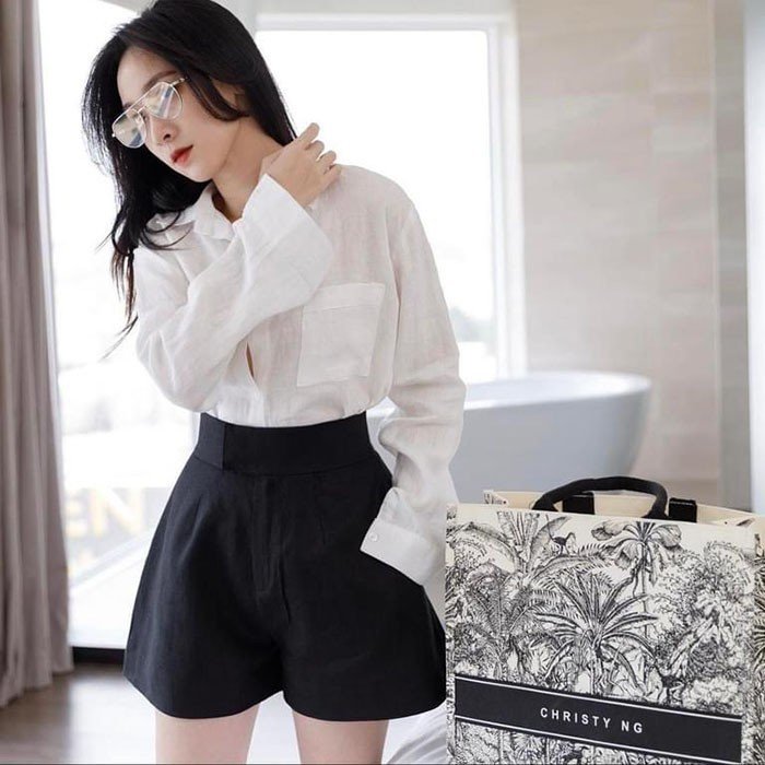 Quần sóc nữ Linen Premium cạp cao ống rộng dáng váy trẻ trung ArcticHunter, có 3 màu lựa chọn (Đen, trắng, muối tiêu)