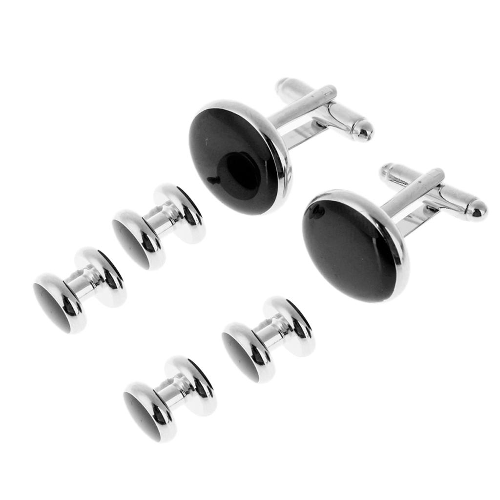 6 Pcs Men Fashion Formal Costume Shirt Black Round Cufflinks And Studs Set