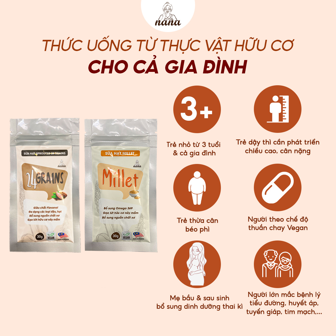 Sữa Hạt Gạo Lứt Hữu Cơ Millet Gói 30g Vị Kê Nhập Khẩu Malaysia Cho Trẻ Từ 3 Tuổi &amp; Cả Gia Đình Bổ Sung Dinh Dưỡng Vegan - 24grains