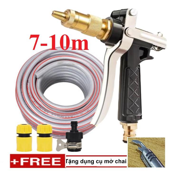 Bộ dây vòi xịt nước rửa xe, tưới cây . tăng áp 3 lần, loại 7m, 10m 206236 đầu đồng,cút,nối đen + tặng mở chai