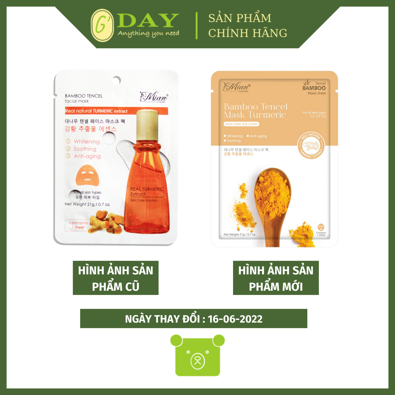 Mặt Nạ Dưỡng Da Mian Bamboo Tencel Mask Turmeric Chiết Xuất Nghệ Tươi 21g