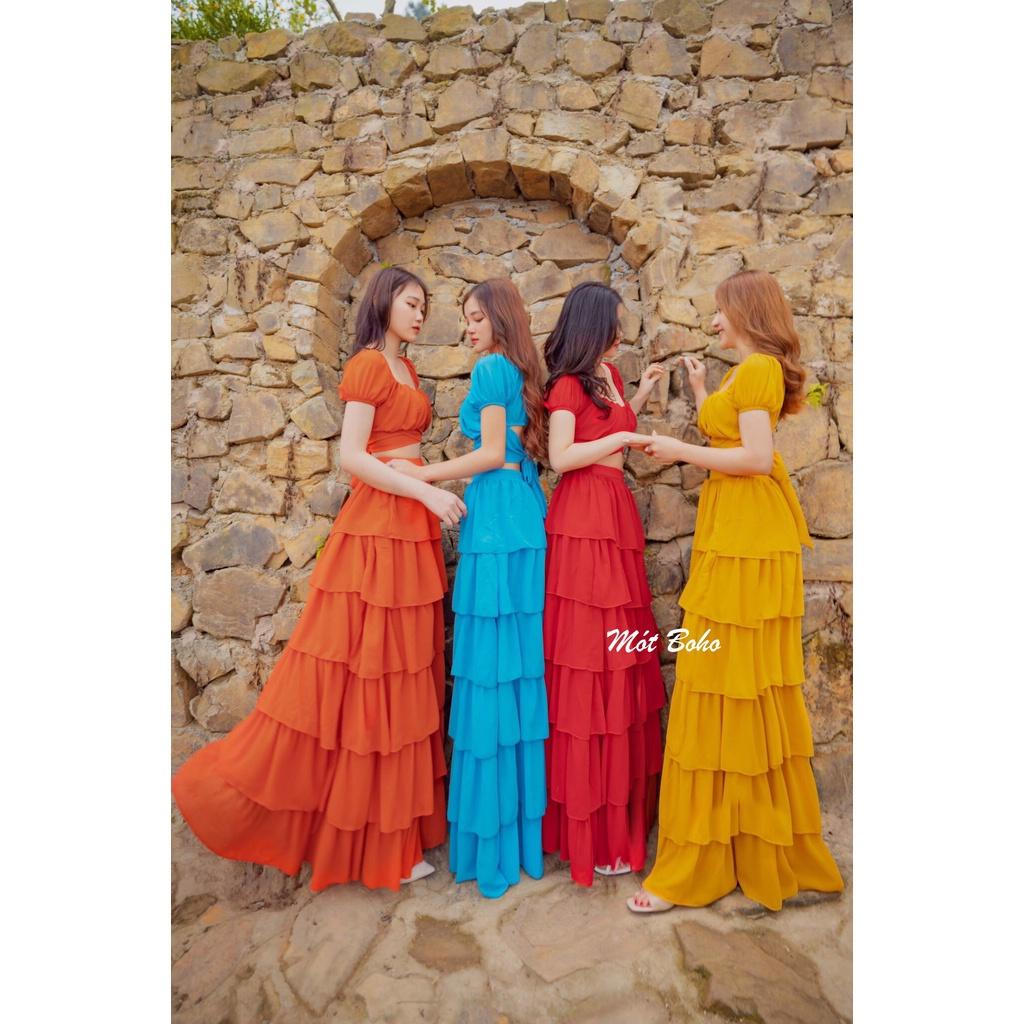 Sét áo tay cộc và chân váy voan 6 tầng kèm turban