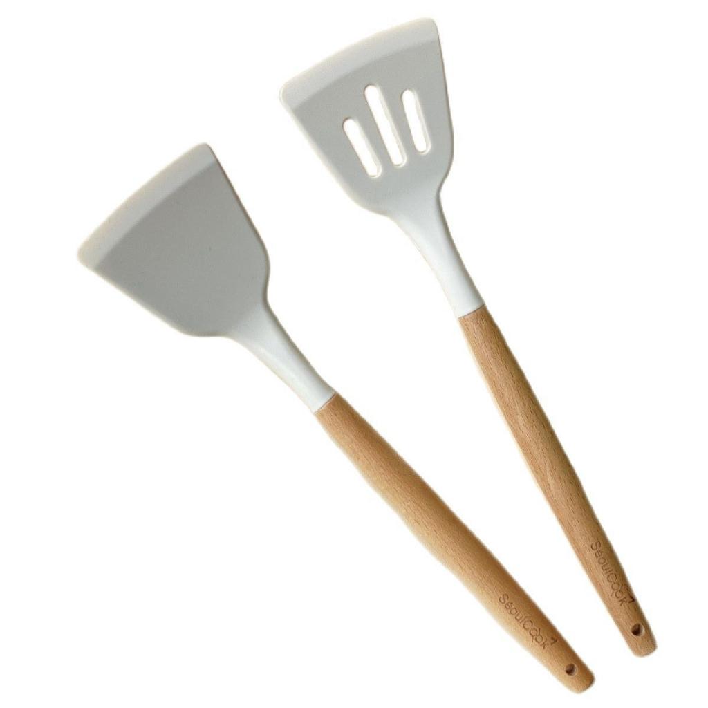 – Bộ 2 dụng cụ nấu ăn Vá/ Sạn/Xẻng có rãnh cán gỗ Seoulcook cao cấp, chống dính dùng cho nhà bếp