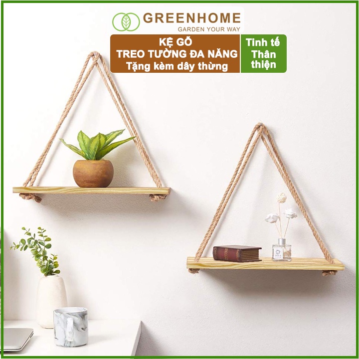 Kệ gỗ treo tường, D40xR12cm, gỗ thông, tặng kèm 2m dây thừng |Greenhome