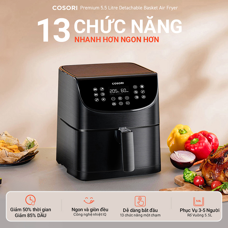 Nồi Chiên Không Dầu 5.5L COSORI CP158-AF Màu Đen - Hàng Chính Hãng