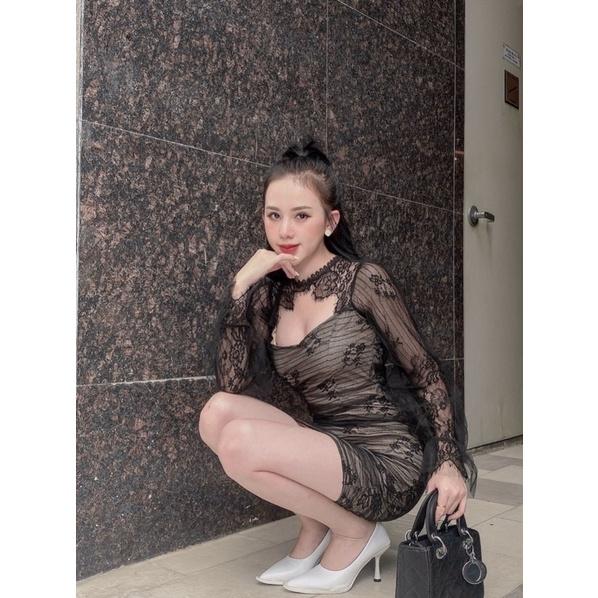 Đầm body ren đen tay dài khoét ngực - đầm váy ngắn sang trọng quyến rũ huyền bí - thời trang đi chơi dự tiệc hình thật