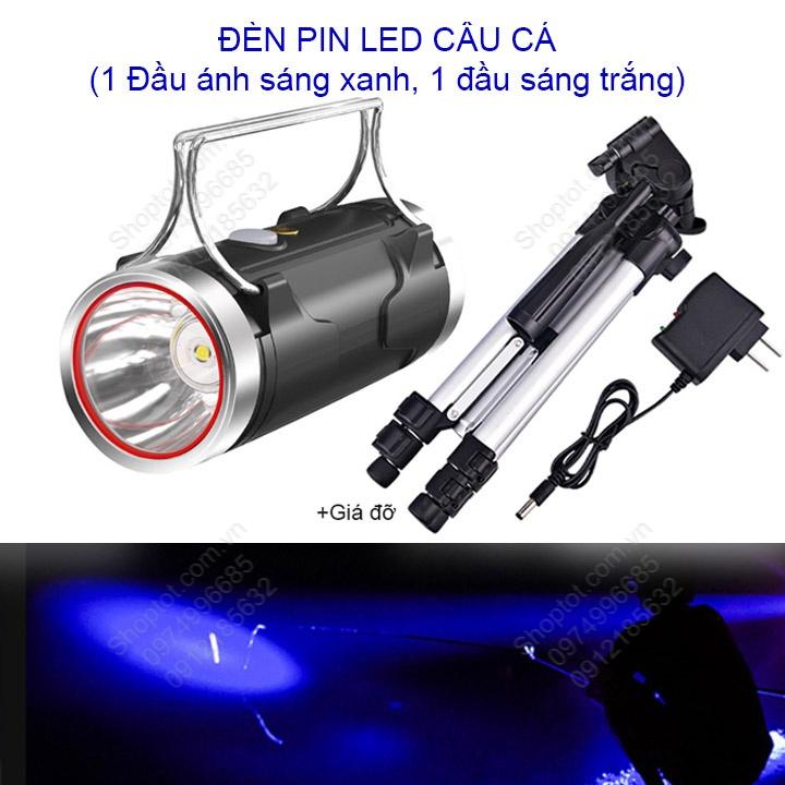 Đèn pin led câu cá D05, 01 đầu ánh sáng xanh chuyên dẫn dụ cá, 1 đầu ánh sáng trắng chiếu sáng, kèm giá đỡ đèn