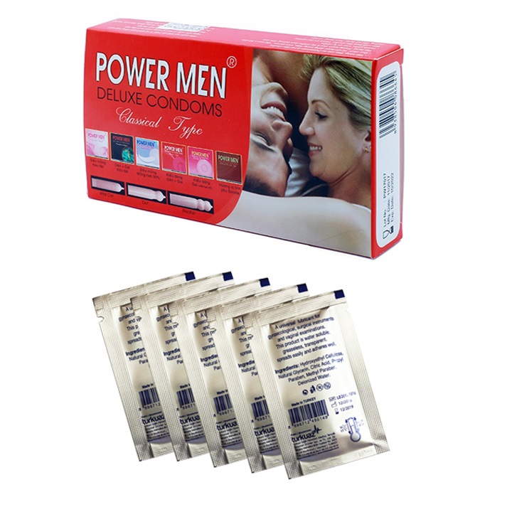 Bao Cao Su Powermen Gia Đình Mỏng Trơn 12 Cái và 5 Gói Gel Bôi Trơn KLY 5ml