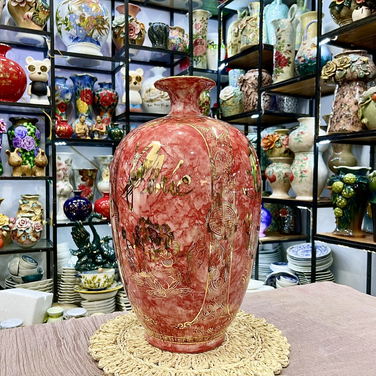 Bình tích lộc phong thủy tứ cảnh Phúc - Đức - Tài - Lộc vẽ vàng 24k, gốm sứ cao cấp Bát Tràng H50