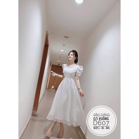 Đầm big size Đầm trắng cổ vuông cotton lạnh 60-90kg