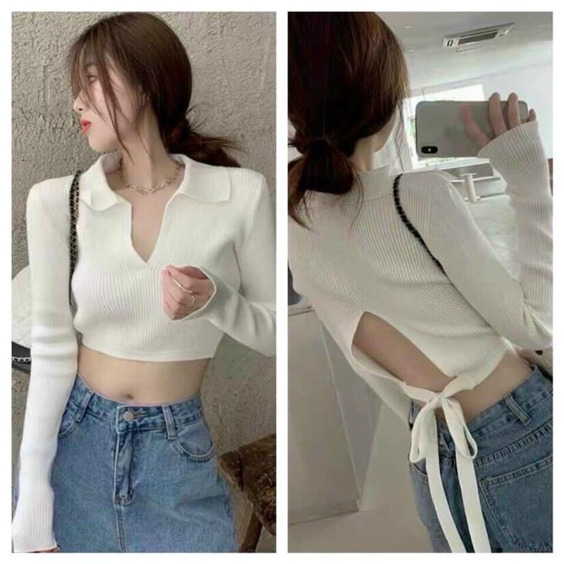 Áo len tăm nữ dài tay cổ bẻ xẻ V dây buộc sau hở lưng dáng croptop