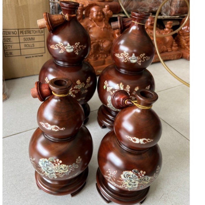Cặp Lục bình hồ lô gỗ lim nguyên khối cẩn hoa cao 40cm