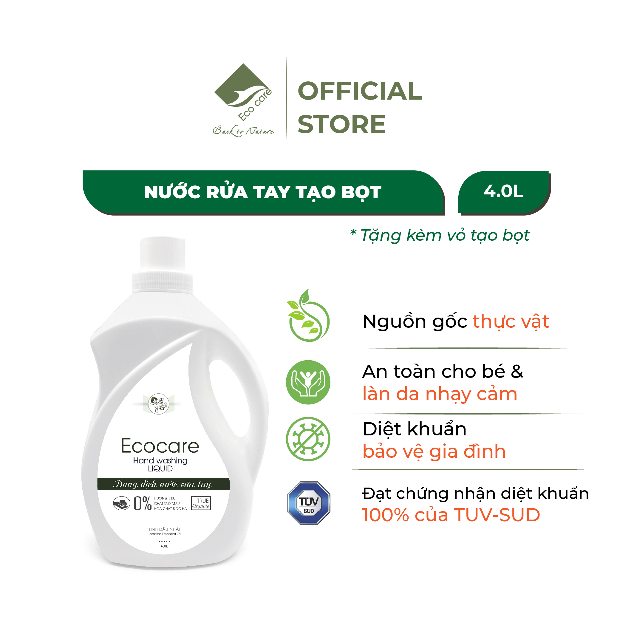 Nước rửa tay hữu cơ diệt khuẩn dạng bọt hương Nhài 4000ml thương hiệu Ecocare