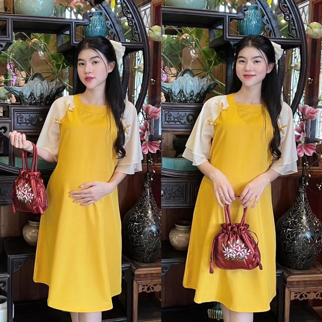 Đầm bầu thiết kế kiểu Áo dài cách tân Chất Cotton Lạnh đính nơ xinh xắn, thanh lịch - Vàng