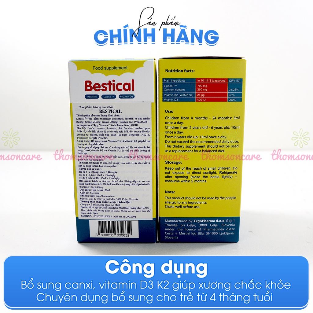 Bổ sung Canxi Bestical, có thêm D3 K2 cho bé, giúp giảm còi xương, tăng chiều cao cho trẻ - Chai 120ml