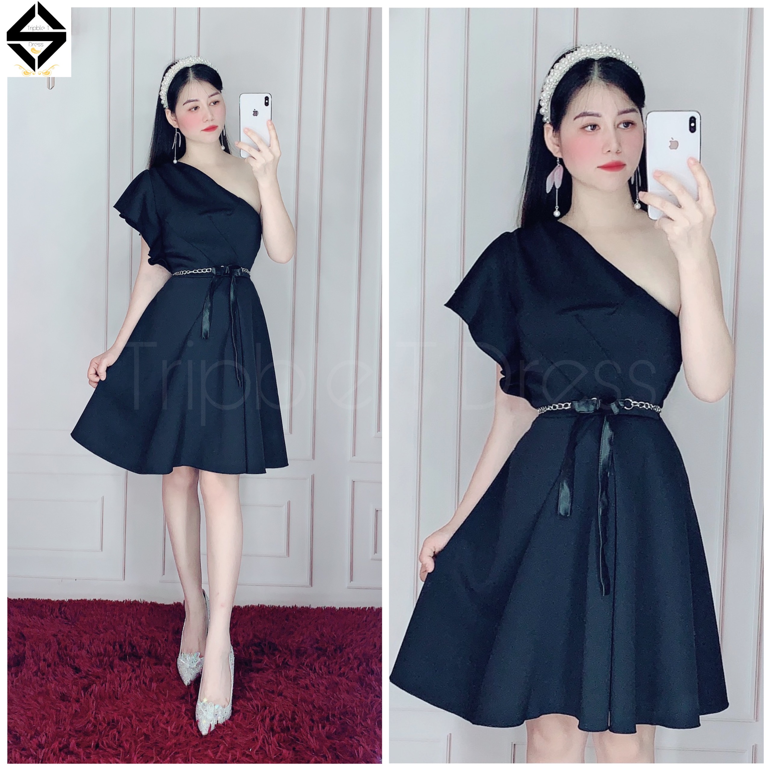 Đầm dự tiệc lệch vai kèm đai eo y hình TRIPBLE T DRESS - size M/L/XL ( ảnh/video thật) MS154V