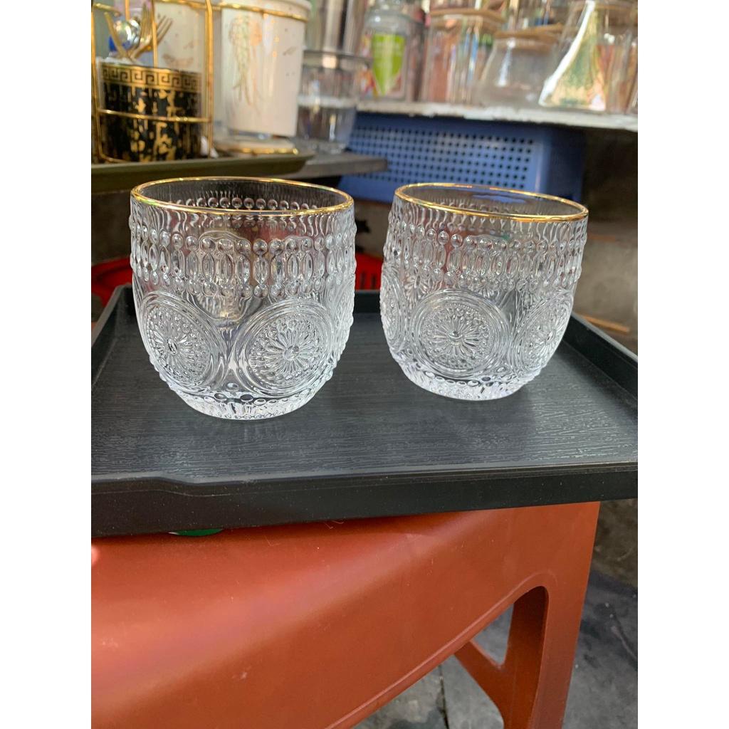BỘ 6 CỐC THỦY TINH LÙN BẦU HOA VĂN MẶT TRỜI VIỀN VÀNG - 300ML