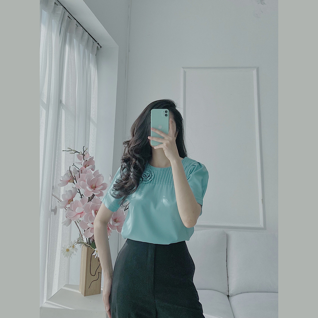 Áo kiểu nữ dáng suông phối hoa thời trang Eden – ASM151 – Xanh – Size L