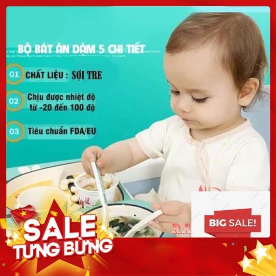 Bộ bát chén khay muỗng ăn dặm cho bé kiểu nhật 5 món đồ kèm thìa dĩa hình thú - bằng sợi tre an toàn FDA/EU