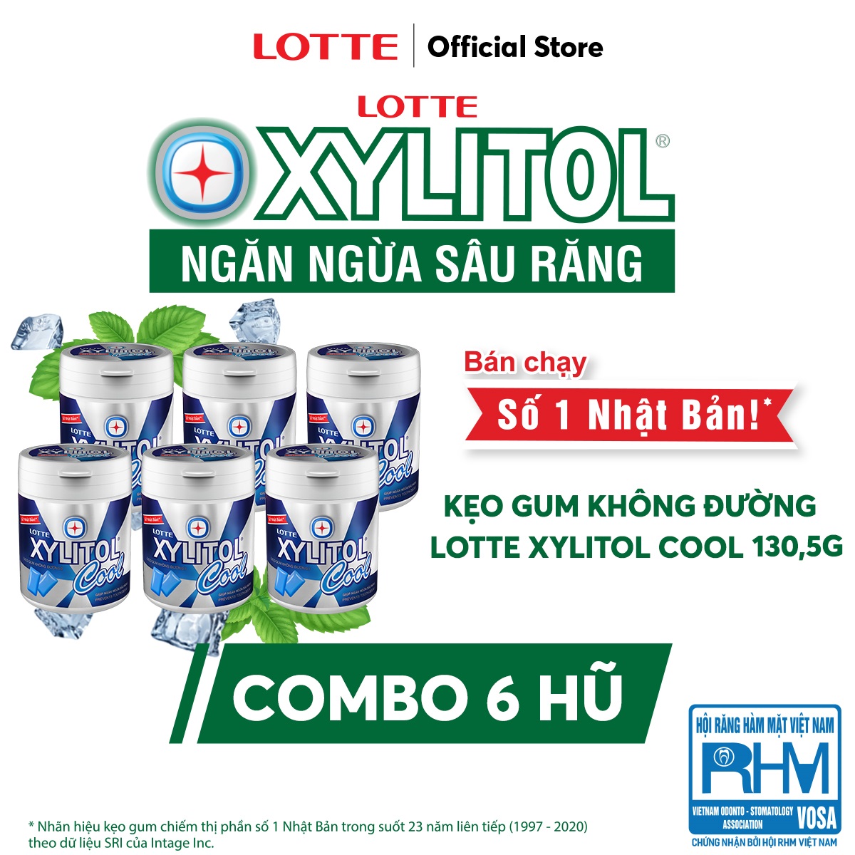 Combo 6 hũ Kẹo gum không đường Lotte Xylitol Cool 130,5 g