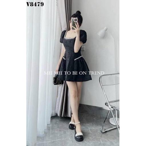 Đầm kiểu nữ thời trang chất gấm cổ vuông có mút đính cườm tay búp váy xoè quyến rũ DSS241