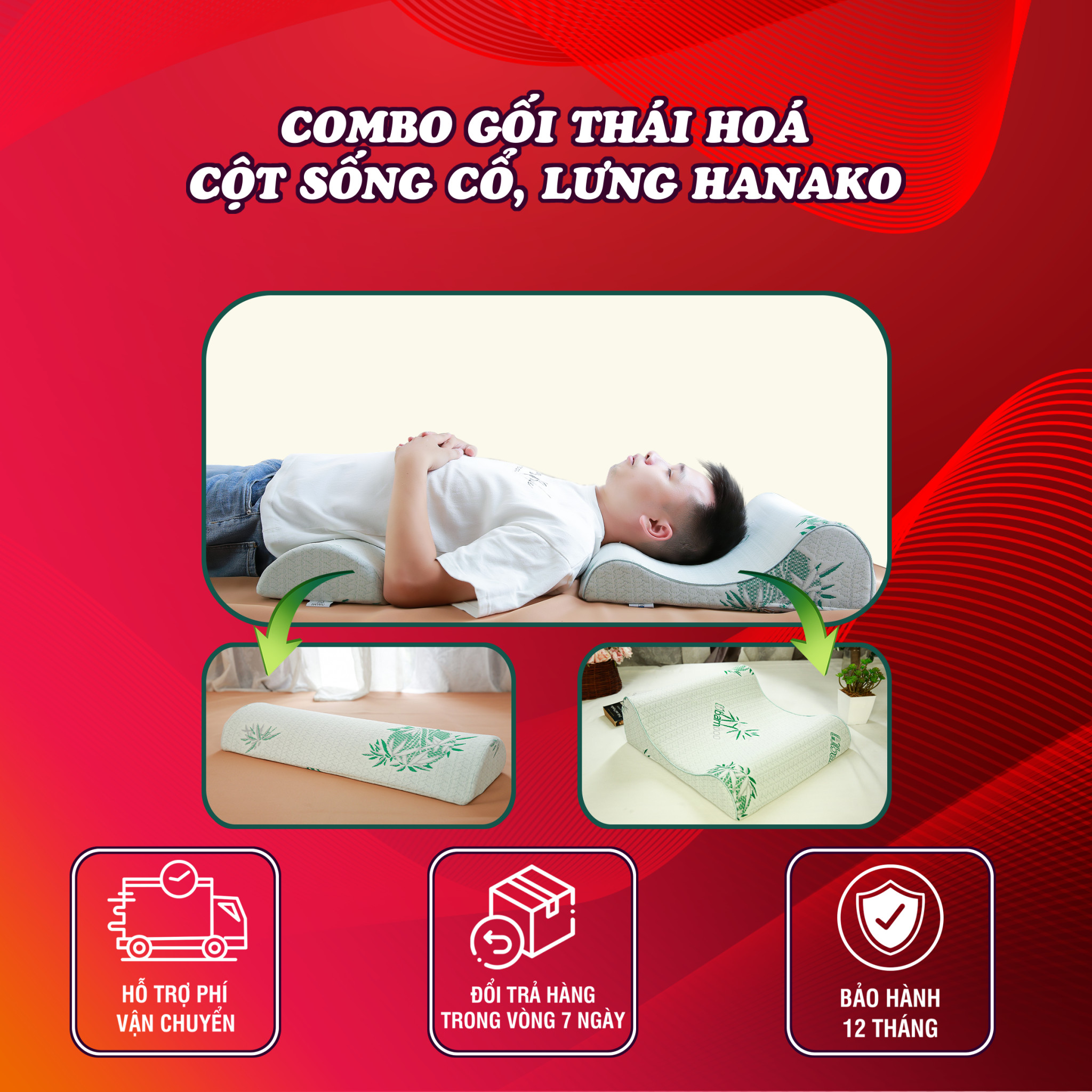 COMBO gối kê chống thoái hóa đốt sống cổ và gối kê lưng chống thoát vị đĩa đệm CHÍNH HÃNG - BẢO HÀNH 12 tháng MÀU VÀNG KEM )