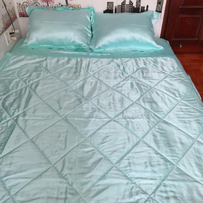 Bộ 5 Món Chăn Trần Bông Ga Gối Phi Lụa Thương hiệu LAN PHAM BEDDING Mát Mịn - Màu Xanh Ngọc