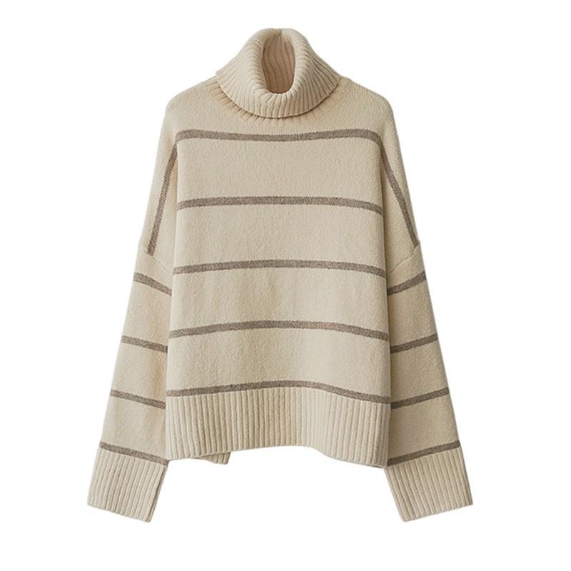 Áo len cao cổ kẻ ngang màu be