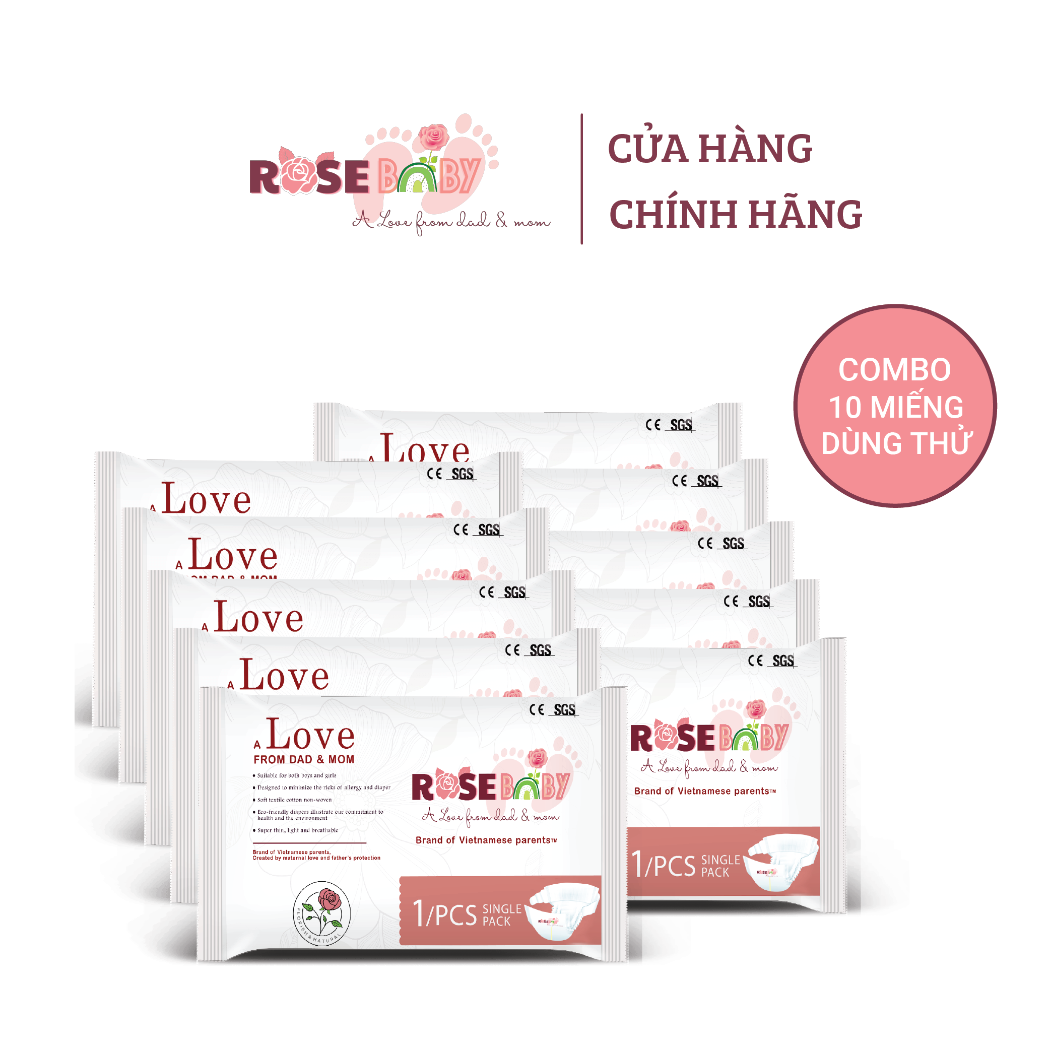 Set 10 Miếng Tã Dán ROSE BABY Dùng Thử Size L