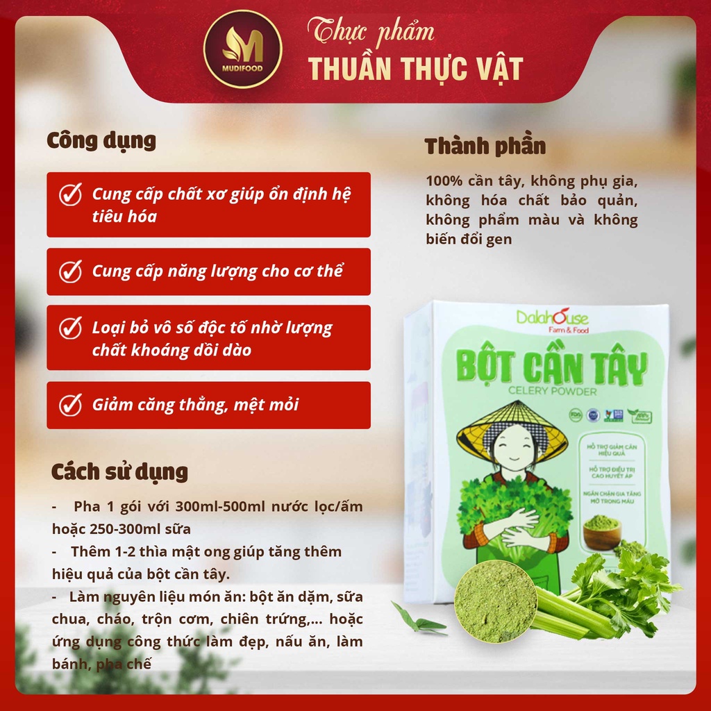 Bột Cần Tây Hữu Cơ Nguyên Chất Sấy Lạnh Dalahouse - Ổn Định Hệ Tiêu Hóa, Detox, Thải Độc, Thanh Lọc Cơ Thể, Giảm Căng Thẳng Mệt Mỏi, Hỗ Trợ Giảm Cân, Cải Thiện Sức Khỏe Tim Mạch, Chống Oxy Hóa, Giảm Cholesterol Xấu - Người Tập Gym, Yoga, Eat Clean