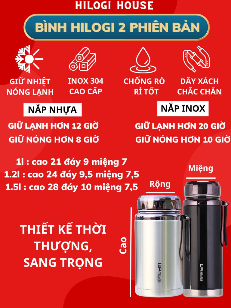Bình giữ nhiệt 1500ml Hilogi giữ lạnh hơn 24 giờ, bình giữ nóng hơn 12 giờ, có khay lọc và dây treo , 1 đổi 1 30 ngày