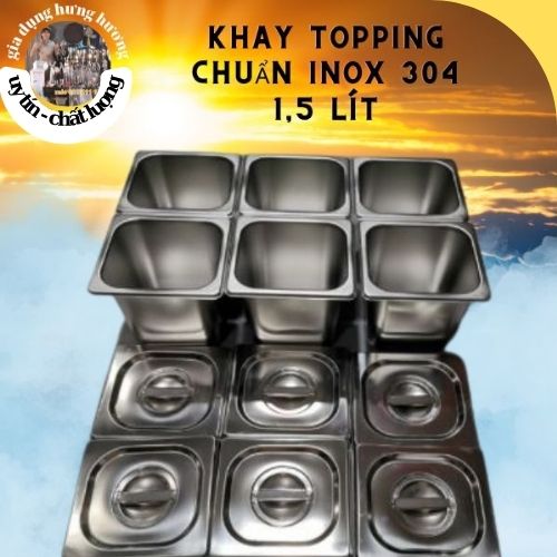 Khay inox 1/6 vuông 1,5 lít có nắp đậy cao 10cm chuyên đựng thạch topping cho quầy bar chuyên dụng cụ pha chế trà sữa bartender
