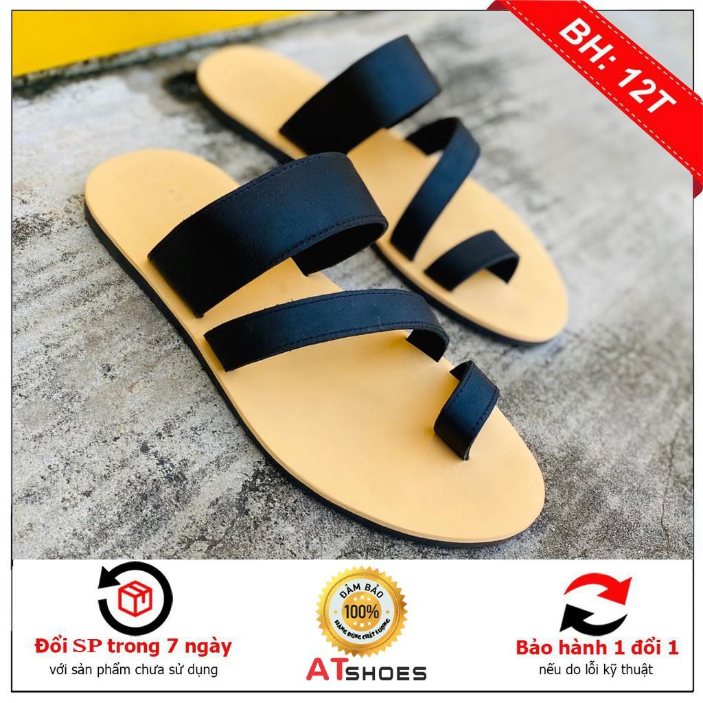 Dép Sandal Dép Xỏ Ngón Da Bò Thật Sandal Xỏ Ngón Nam Nữ Trẻ Trung Đế Caosu Chống Nước XNSG22 (Đen - Đen đế vàng