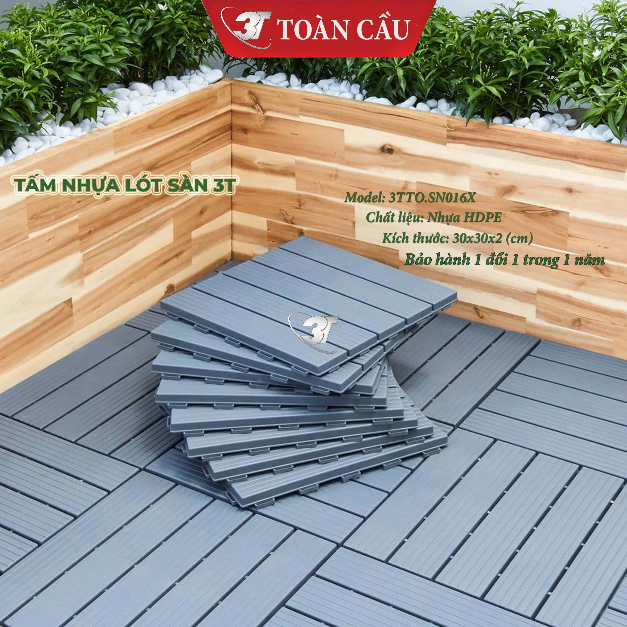 Tấm nhựa lót sàn ban công 3T-HDPE kích thước 30x30x2cm