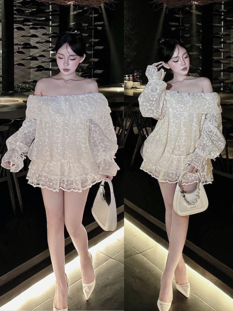 Set váy ren trễ vai thiết kế sang chảnh đầm nữ tay loe phối chân váy dự tiệc HN Clothing