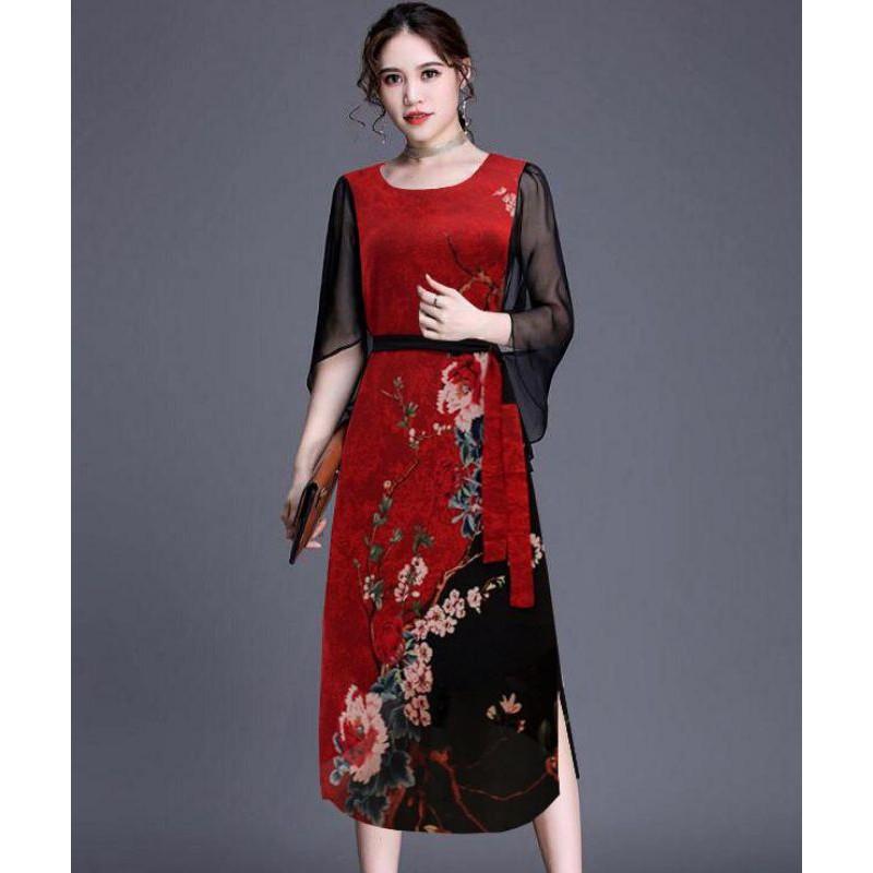 ĐẦM SUÔNG TAY CÁNH TIÊN IN HOA CỘT EO