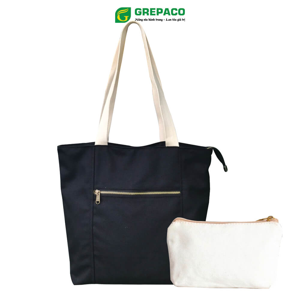 Túi Tote Xách Nữ Grepaco Vải Bố Canvas Cao Cấp Màu Đen Đẹp Đeo Chéo Vai Có Khóa Kéo Nhiều Ngăn Dùng Đi Học, Làm Công Sở, Du Lịch Phong Cách Thời Trang Hàn Quốc - Tặng Túi Đựng Mỹ Phẩm