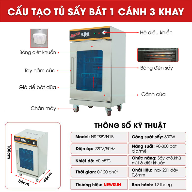 Tủ sấy bát công nghiệp 1 cánh 3 khay NEWSUN inox cao cấp - Hàng chính hãng