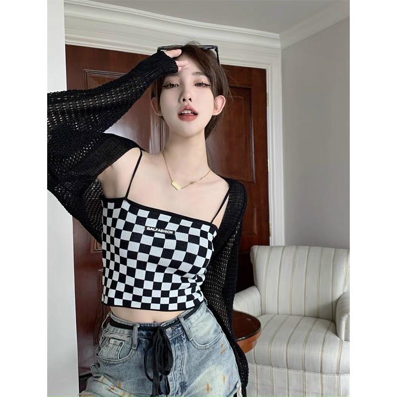 Set cardigan lưới áo 2 dây caro nhiều màu năng động