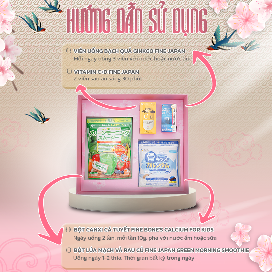 [Hộp quà Tết 2023] SAKURA TẾT VIÊN MÃN Fine Japan hộp quà cho cả gia đình (Bột rau xanh, Vitamin CD, bổ não, canxi cá tuyết)