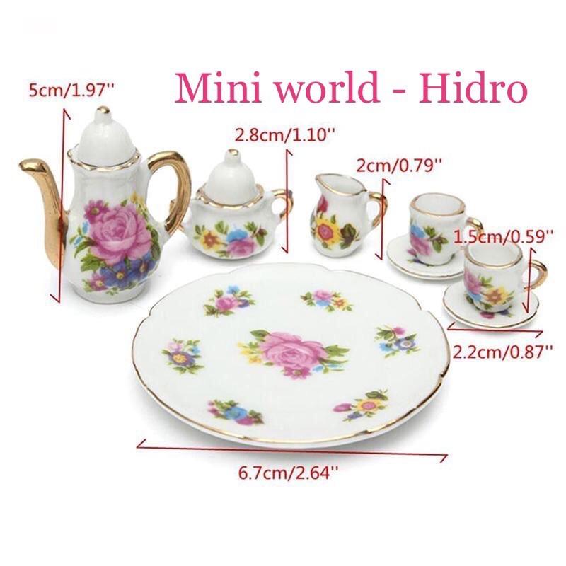Bộ ấm chén mini trang trí nhà búp bê. Bộ ấm trà mini. Miniature. Bộ tách trà bằng sứ mini