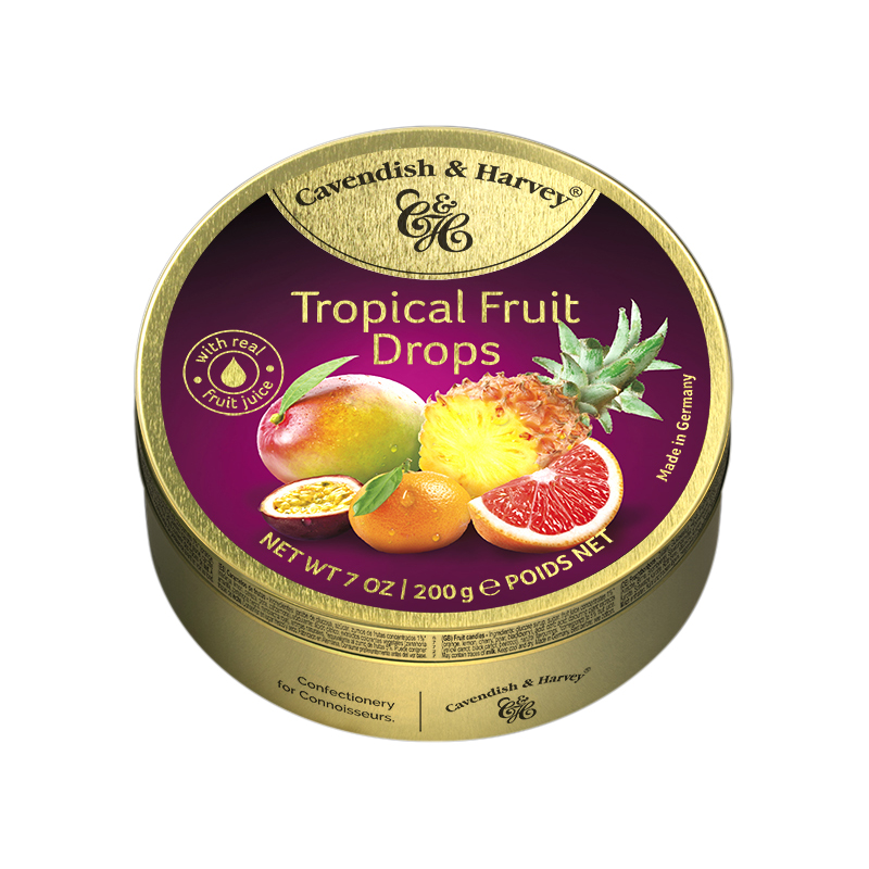 Kẹo Trái Cây Nhiệt Đới Cavendish & Harvey (175g) Tropical Fruit Cao Cấp Hộp Thiếc Vàng Nhập Khẩu