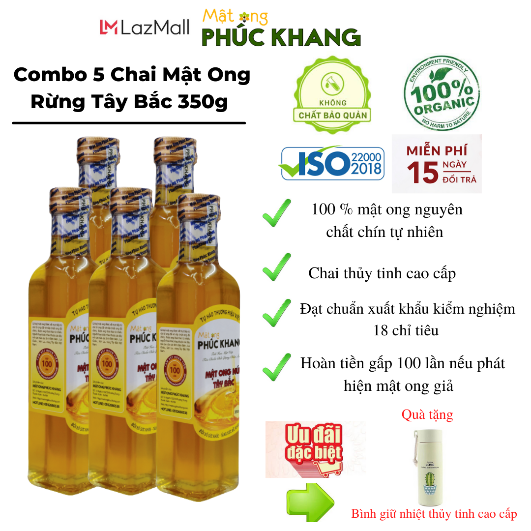 5 chai Mật ong nguyên chất hoa rừng tây bắc Phúc Khang - Hàng Chính Hãng - Mật ong sạch , mật ong cao cấp đạt tiêu chuẩn xuất khẩu - Bồi bổ cơ thể , tăng sức đề kháng