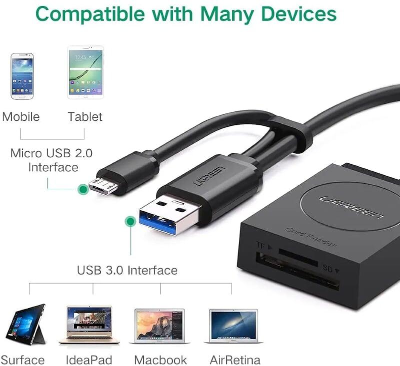 Ugreen UG50415CR127TK 15CM màu đen đầu đọc thẻ SD cổng USB 3.0 và micro dành cho PC và Android OTG - HÀNG CHÍNH HÃNG