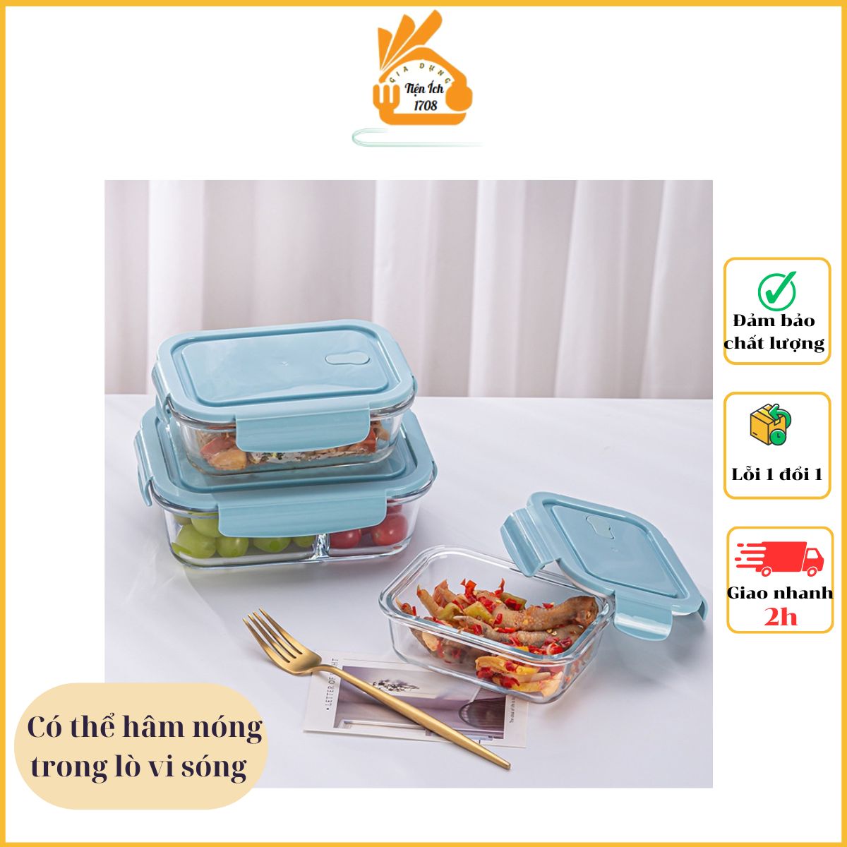 Set 3 hộp đựng thực phẩm thuỷ tinh bảo quản đồ ăn tiện lợi - giao màu ngẫu nhiên