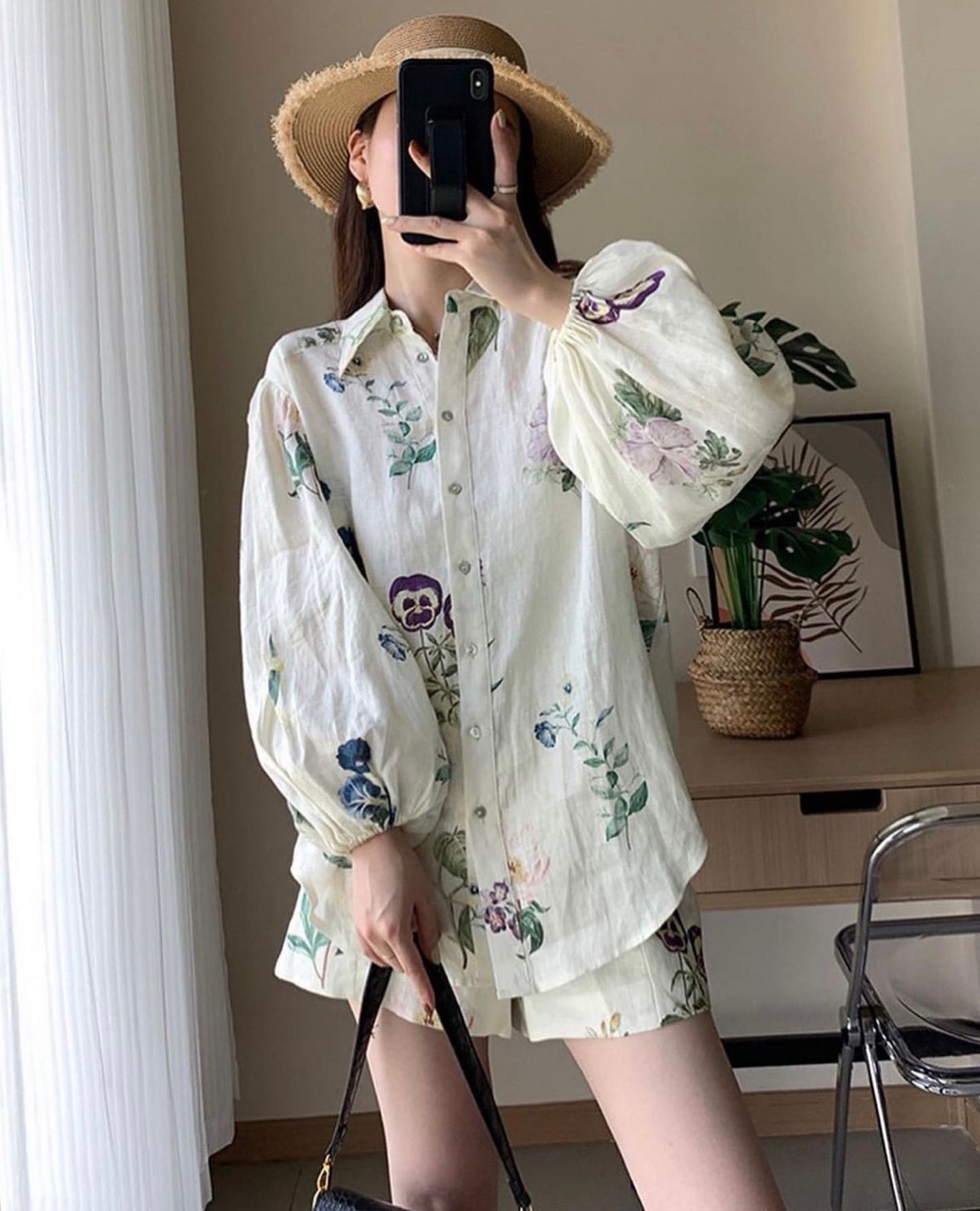 SET ÁO SƠ MI SUÔNG HOA FLORAL TAY DÀI BỒNG + QUẦN NGẮN LƯNG CAO ỐNG RỘNG SHORTS ĐI BIỂN DẠO PHỐ DỰ TIỆC