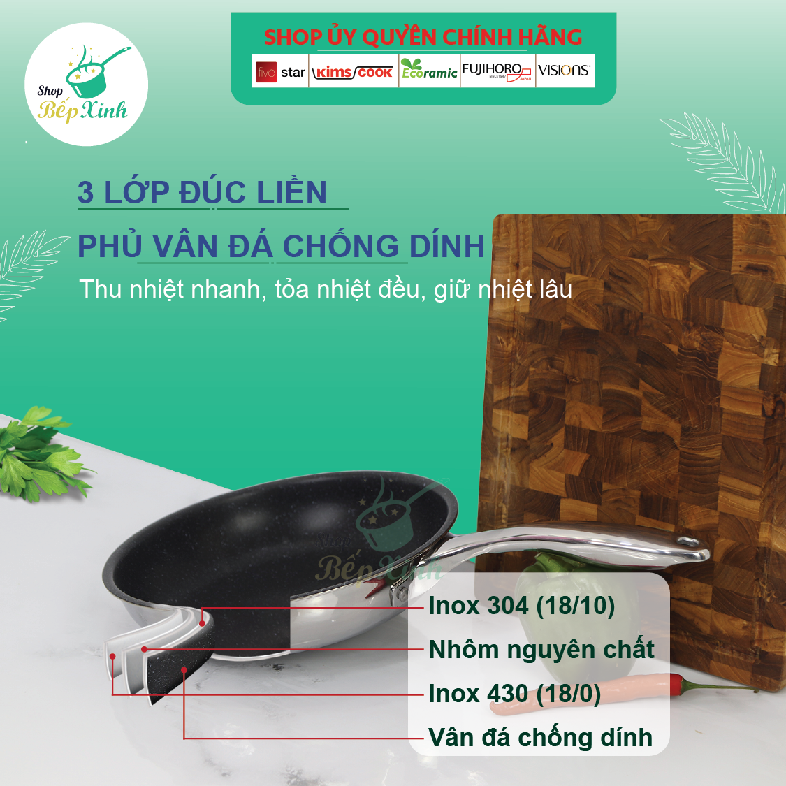 Chảo chống dính Five Star 3 lớp đáy liền bếp từ inox 304 - Tặng 5 muỗng ăn