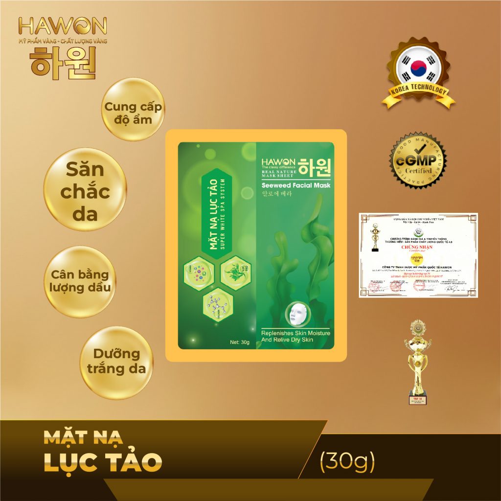 Hộp 10 MiêngMặt Nạ Dưỡng Trắng Da Chiết Xuất Lục Tảo Seaweed Facial Mask HAWON