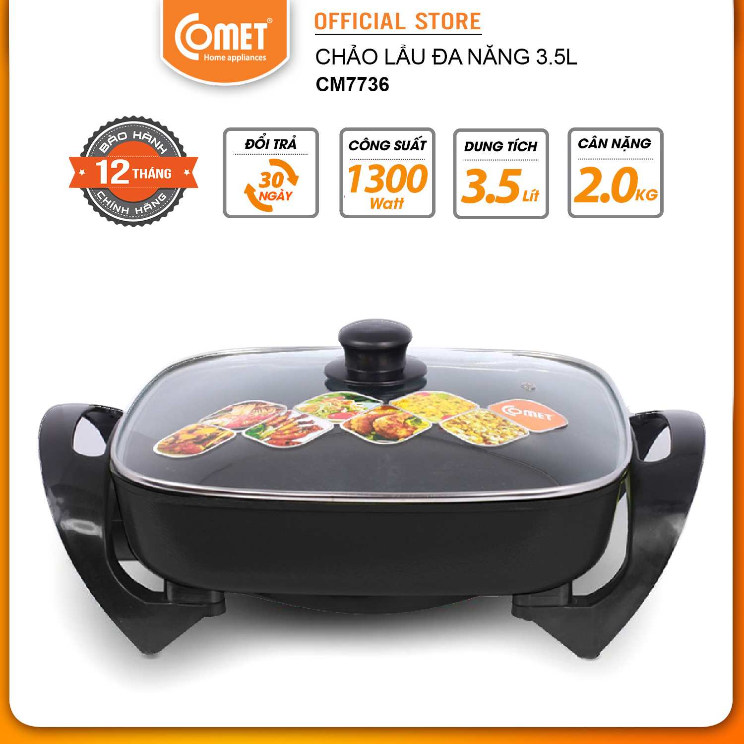 Nồi Lẩu Điện Đa Năng Comet CM7736 - Đen - Hàng Chính Hãng